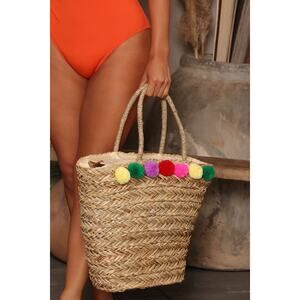 Olivia Miller Pom Pom Straw Summer Beach Tote Bag